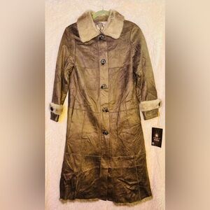 Vintage Longline Faux Leather Trench Coat w Genuine Mink Trim + Lamb Fur Lining